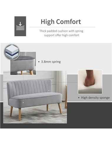 HOMCOM Modern Velvet Double Seat Sofa with Wood Frame, Foam Padding, High Back, Grey