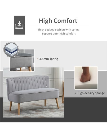 HOMCOM Modern Velvet Double Seat Sofa with Wood Frame, Foam Padding, High Back, Grey - pic 30162 | FastDaddyshop