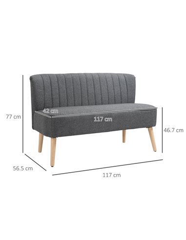 HOMCOM Modern Double Seat Sofa Loveseat Couch 2 Seater Compact Sofa Padded Linen Wood Leg Grey
