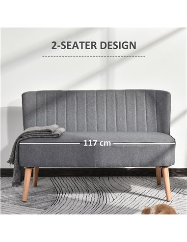 HOMCOM Modern Double Seat Sofa Loveseat Couch 2 Seater Compact Sofa Padded Linen Wood Leg Grey