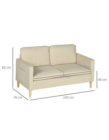 HOMCOM 2 Seater Sofa, Loveseat Sofa Settee with Wood Legs and 2 Pockets, Beige
