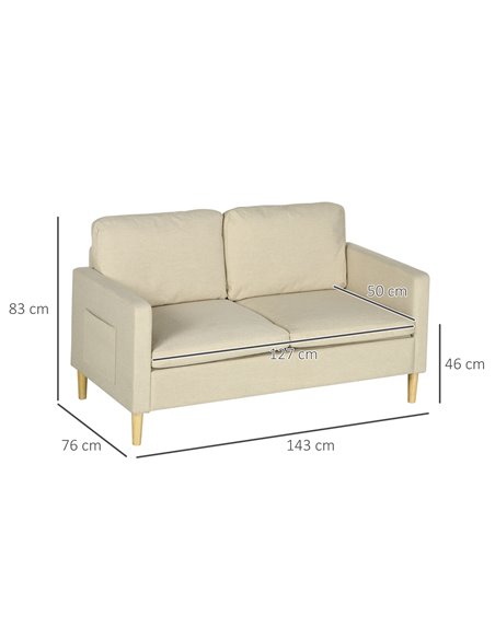 HOMCOM 2 Seater Sofa, Loveseat Sofa Settee with Wood Legs and 2 Pockets, Beige - pic 30231 | FastDaddyshop