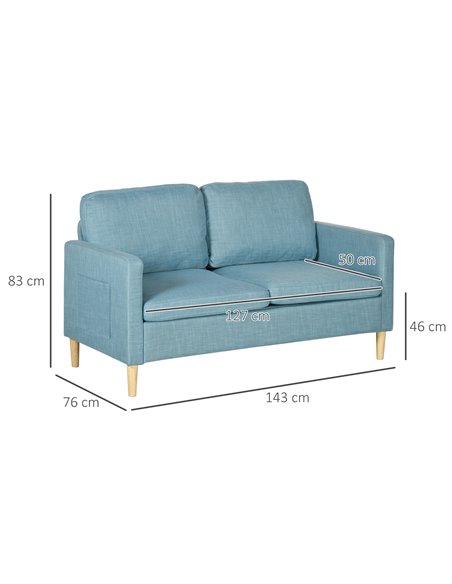 HOMCOM 2 Seater Sofa, Loveseat Sofa Settee with Wood Legs and 2 Pockets, Blue - pic 30240 | FastDaddyshop