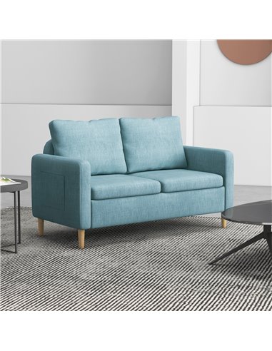 HOMCOM 2 Seater Sofa, Loveseat Sofa Settee with Wood Legs and 2 Pockets, Blue