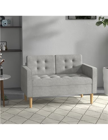 HOMCOM Modern 2 Seater Sofa with Hidden Storage, 117cm Tufted Cotton Couch, Compact Loveseat Sofa with Wood Legs, Light Grey