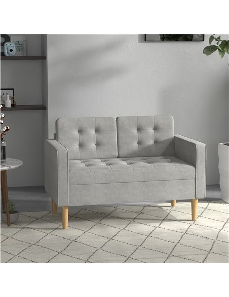 HOMCOM Modern 2 Seater Sofa with Hidden Storage, 117cm Tufted Cotton Couch, Compact Loveseat Sofa with Wood Legs, Light Grey - pic 30248 | FastDaddyshop