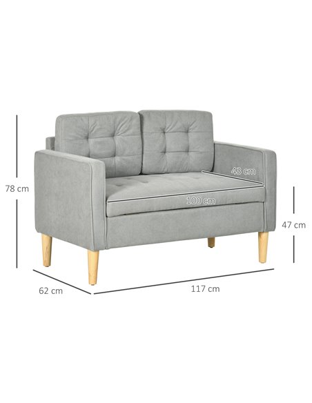 HOMCOM Modern 2 Seater Sofa with Hidden Storage, 117cm Tufted Cotton Couch, Compact Loveseat Sofa with Wood Legs, Light Grey - pic 30249 | FastDaddyshop