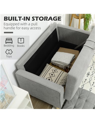 HOMCOM Modern 2 Seater Sofa with Hidden Storage, 117cm Tufted Cotton Couch, Compact Loveseat Sofa with Wood Legs, Light Grey