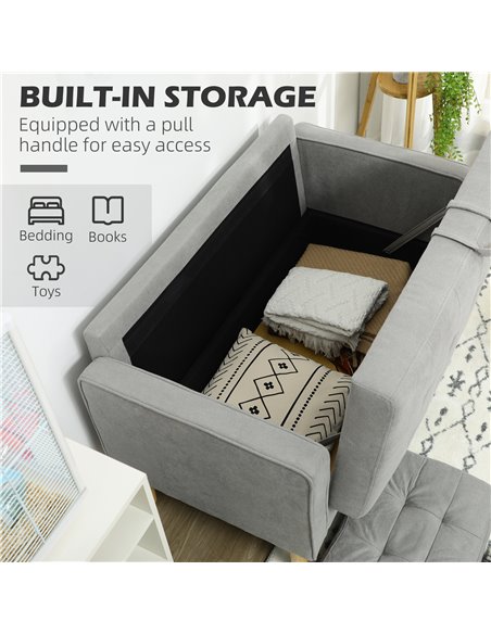 HOMCOM Modern 2 Seater Sofa with Hidden Storage, 117cm Tufted Cotton Couch, Compact Loveseat Sofa with Wood Legs, Light Grey - pic 30252 | FastDaddyshop