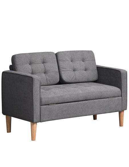 HOMCOM Modern 2 Seater Sofa with Hidden Storage, 117cm Tufted Cotton Couch, Compact Loveseat Sofa with Wood Legs, Grey - pic 30256 | FastDaddyshop