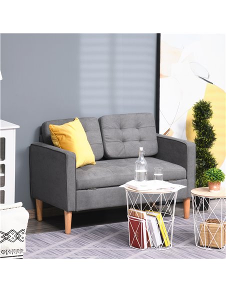 HOMCOM Modern 2 Seater Sofa with Hidden Storage, 117cm Tufted Cotton Couch, Compact Loveseat Sofa with Wood Legs, Grey - pic 30257 | FastDaddyshop