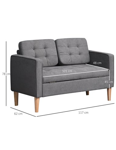 HOMCOM Modern 2 Seater Sofa with Hidden Storage, 117cm Tufted Cotton Couch, Compact Loveseat Sofa with Wood Legs, Grey