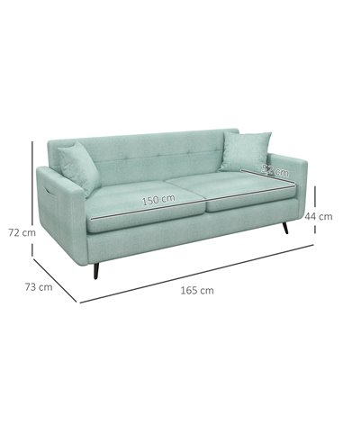 HOMCOM 165cm Modern Fabric 2 Seater Sofa, Tufted Loveseat Sofa Settee with Steel Legs, 2 Storage Pockets, Blue