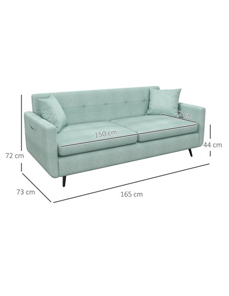 HOMCOM 165cm Modern Fabric 2 Seater Sofa, Tufted Loveseat Sofa Settee with Steel Legs, 2 Storage Pockets, Blue - pic 30294 | FastDaddyshop
