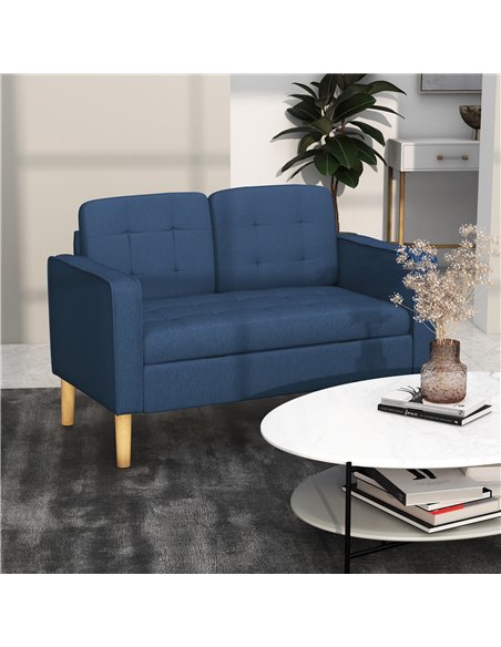 HOMCOM Modern Loveseat Sofa, Compact 2 Seater Sofa with Hidden Storage, 117cm Tufted Cotton Couch with Wood Legs, Blue - pic 30302 | FastDaddyshop