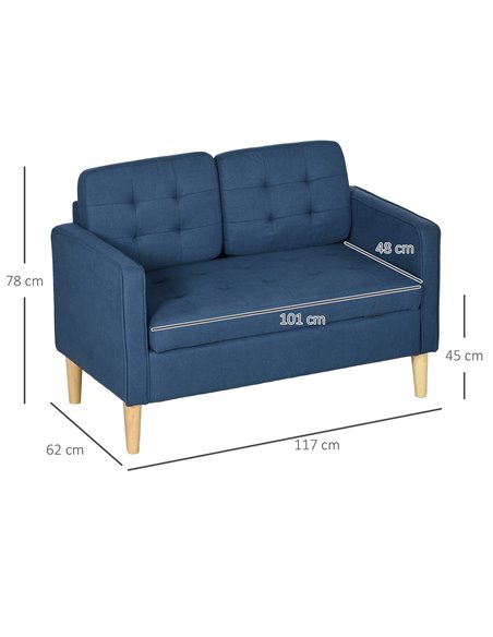 HOMCOM Modern Loveseat Sofa, Compact 2 Seater Sofa with Hidden Storage, 117cm Tufted Cotton Couch with Wood Legs, Blue - pic 30303 | FastDaddyshop