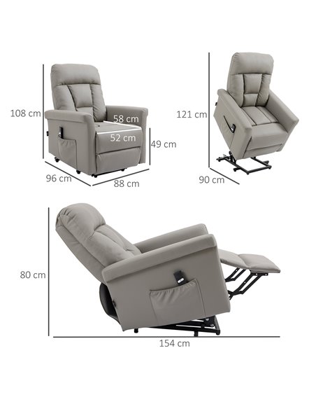 HOMCOM Power Lift Chair, PU Leather Recliner Sofa Chair for Elderly with Remote Control, Side Pocket, Grey - pic 30321 | FastDaddyshop
