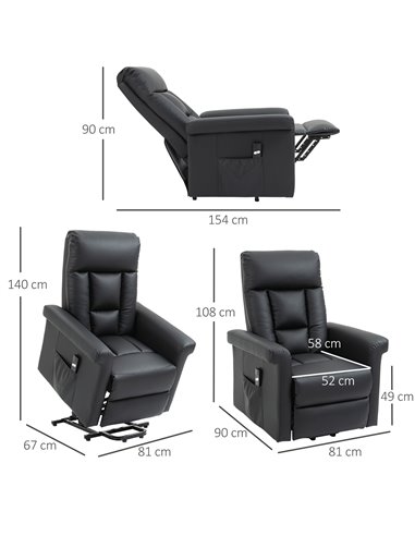 HOMCOM Power Lift Chair, PU Leather Recliner Sofa Chair for Elderly with Remote Control, Side Pocket, Black