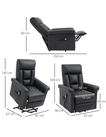 HOMCOM Power Lift Chair, PU Leather Recliner Sofa Chair for Elderly with Remote Control, Side Pocket, Black - pic 30330 | FastDaddyshop