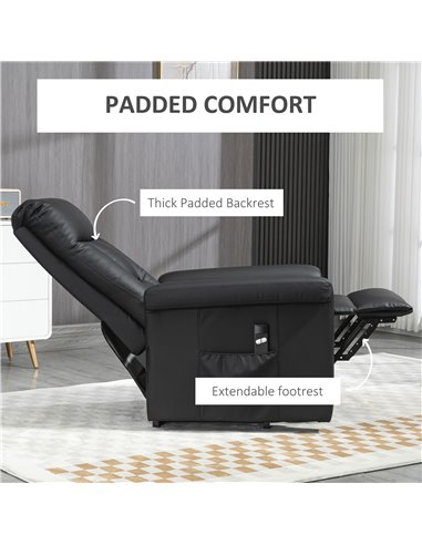 HOMCOM Power Lift Chair, PU Leather Recliner Sofa Chair for Elderly with Remote Control, Side Pocket, Black