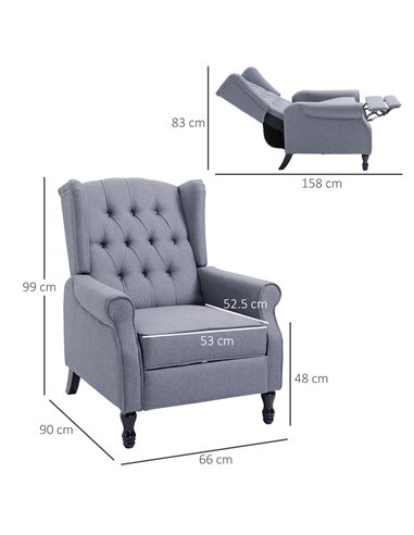 HOMCOM Recliner Armchair for Living Room, Reclining Chair, Wingback Chair with Button Tufted Back and Footrest, Light Grey