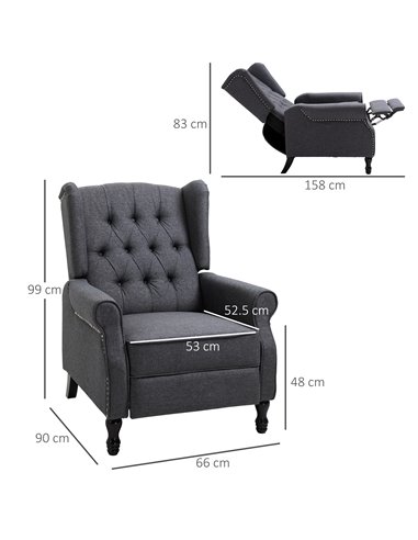 HOMCOM Recliner Armchair for Living Room, Reclining Chair, Wingback Chair with Button Tufted Back and Footrest, Dark Grey