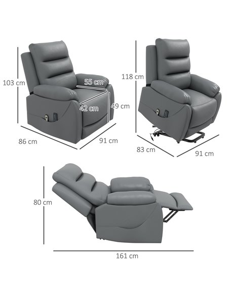 HOMCOM Electric Massage Riser and Recliner Chair for Elderly, PU Leather Power Lift Recliner Armchair, Grey - pic 30402 | FastDaddyshop
