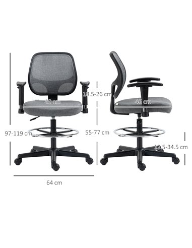 Vinsetto Drafting Chair Tall Office Fabric Standing Desk Chair with Adjustable Footrest Ring, Arm, Swivel Wheels, Grey