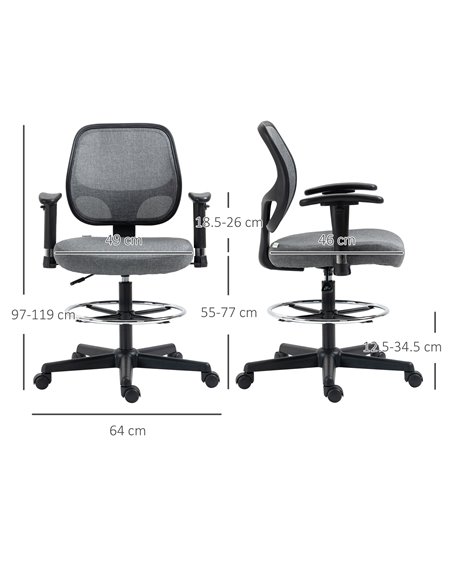 Vinsetto Drafting Chair Tall Office Fabric Standing Desk Chair with Adjustable Footrest Ring, Arm, Swivel Wheels, Grey - pic 30438 | FastDaddyshop
