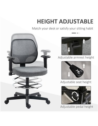 Vinsetto Drafting Chair, Tall Office Fabric Standing Desk Chair, Grey 921-375V70