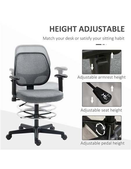 Vinsetto Drafting Chair, Tall Office Fabric Standing Desk Chair, Grey 921-375V70 - pic 30439 | FastDaddyshop