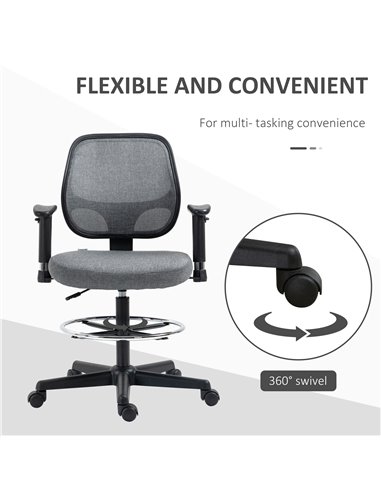 Vinsetto Drafting Chair Tall Office Fabric Standing Desk Chair with Adjustable Footrest Ring, Arm, Swivel Wheels, Grey