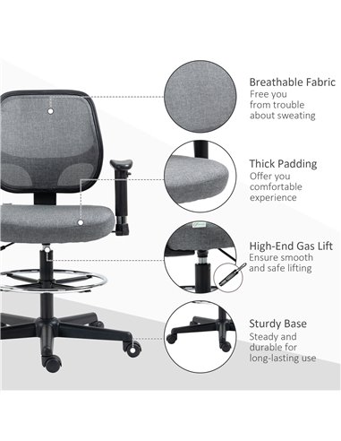 Vinsetto Drafting Chair Tall Office Fabric Standing Desk Chair with Adjustable Footrest Ring, Arm, Swivel Wheels, Grey