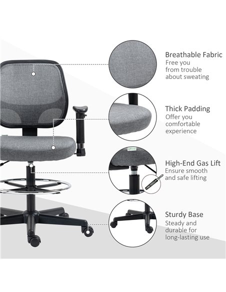 Vinsetto Drafting Chair Tall Office Fabric Standing Desk Chair with Adjustable Footrest Ring, Arm, Swivel Wheels, Grey - pic 30442 | FastDaddyshop