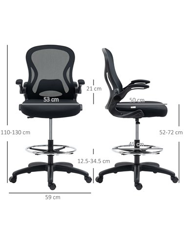 Vinsetto Adjustable Standing Desk Chair with Flip-up Armrests Lumbar Support Armrests Adjustable Footrest Ring Black