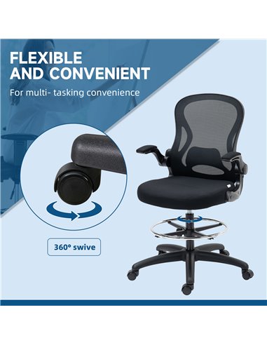 Vinsetto Adjustable Standing Desk Chair with Flip-up Armrests Lumbar Support Armrests Adjustable Footrest Ring Black