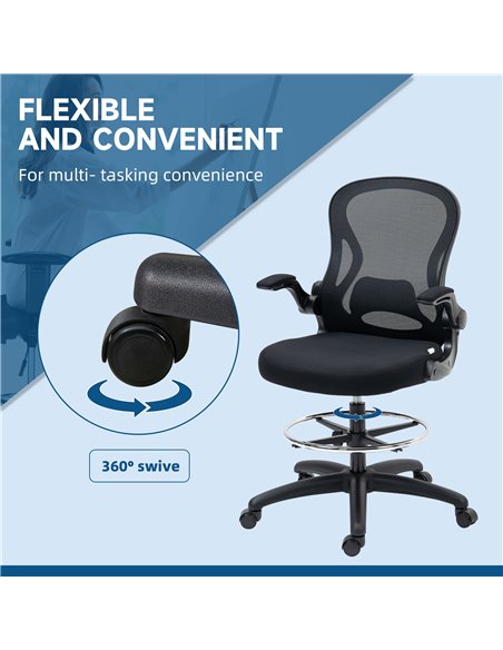 Vinsetto Adjustable Standing Desk Chair with Flip-up Armrests Lumbar Support Armrests Adjustable Footrest Ring Black - pic 30461 | FastDaddyshop