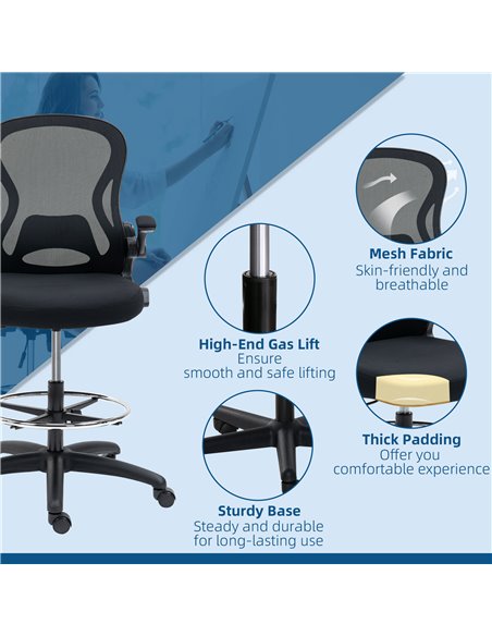 Vinsetto Adjustable Standing Desk Chair with Flip-up Armrests Lumbar Support Armrests Adjustable Footrest Ring Black - pic 30462 | FastDaddyshop
