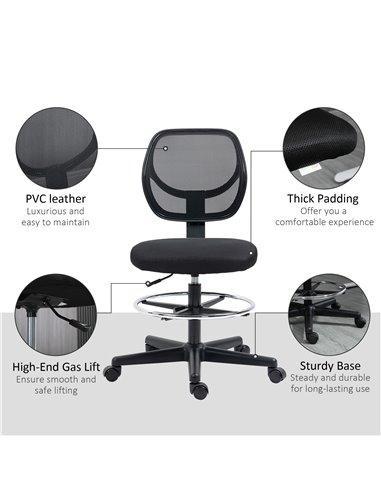 Vinsetto Ergonomic Mesh Standing Desk Chair with Adjustable Footrest Ring and Seat Height Black