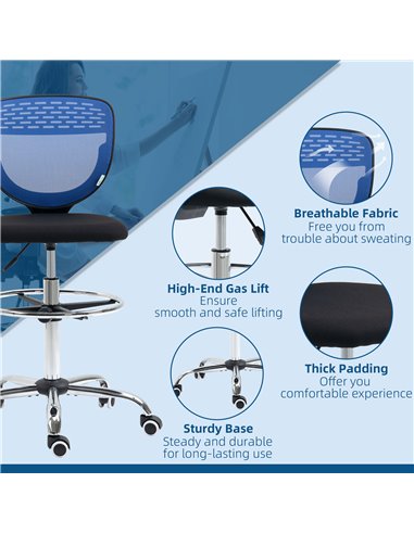Vinsetto Drafting Chair, Swivel Office Draughtsman Chair, Mesh Standing Desk Chair with Lumbar Support, Adjustable Foot Ring, Ar