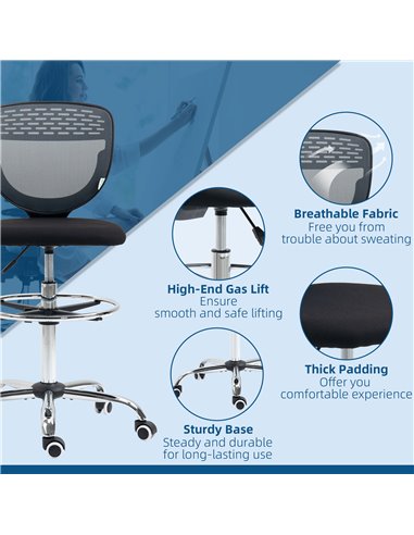 Vinsetto Drafting Chair, Swivel Office Draughtsman Chair, Mesh Standing Desk Chair with Lumbar Support, Adjustable Foot Ring, Ar