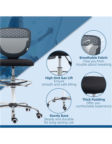 Vinsetto Drafting Chair, Swivel Office Draughtsman Chair, Mesh Standing Desk Chair with Lumbar Support, Adjustable Foot Ring, Ar - pic 30488 | FastDaddyshop