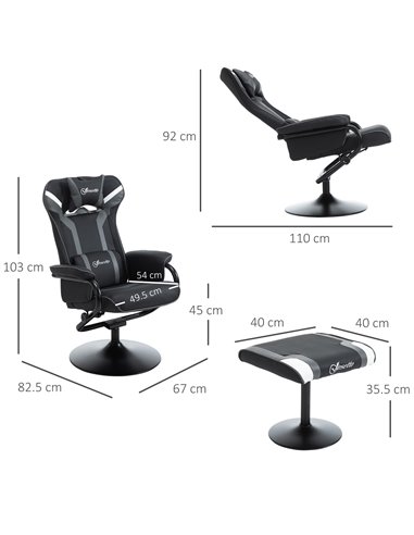 Vinsetto 2 Pieces Video Game Chair and Footrest Set with Headrest, Lumbar Support, Reeling Backrest, Black - Deep Grey