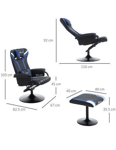 Vinsetto 2 Pieces Video Game Chair and Footrest Set with Headrest, Lumbar Support, Reeling Backrest, Black - Blue