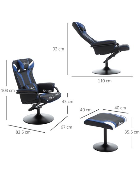 Vinsetto 2 Pieces Video Game Chair and Footrest Set with Headrest, Lumbar Support, Reeling Backrest, Black - Blue - pic 30564 | FastDaddyshop
