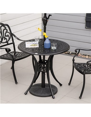 Outsunny 78cm Round Garden Dining Table Bistro Set with Parasol Hole Antique Cast Aluminium Outdoor Table, Black