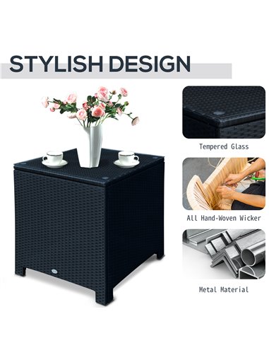 Outsunny Rattan Garden Side Table with Tempered Glass Top, Black 01-0724