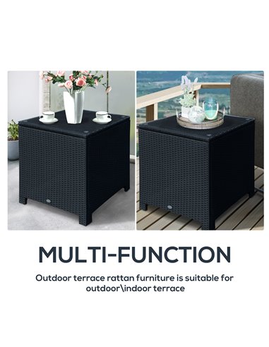 Outsunny Rattan Garden Furniture Side Table Patio Frame Tempered Glass New (Black)