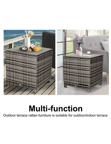 Outsunny Rattan Garden Side Table with Tempered Glass Top, Grey 867-045