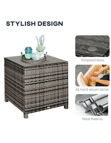 Outsunny Rattan Side Table Garden Furniture Patio Frame Tempered Glass New (Grey)